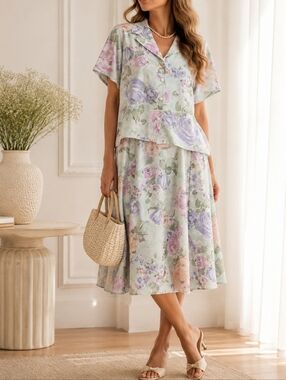 Vintage Pastel Floral Skirt Set Two Piece Cottagecore Tea Party Midi Set
